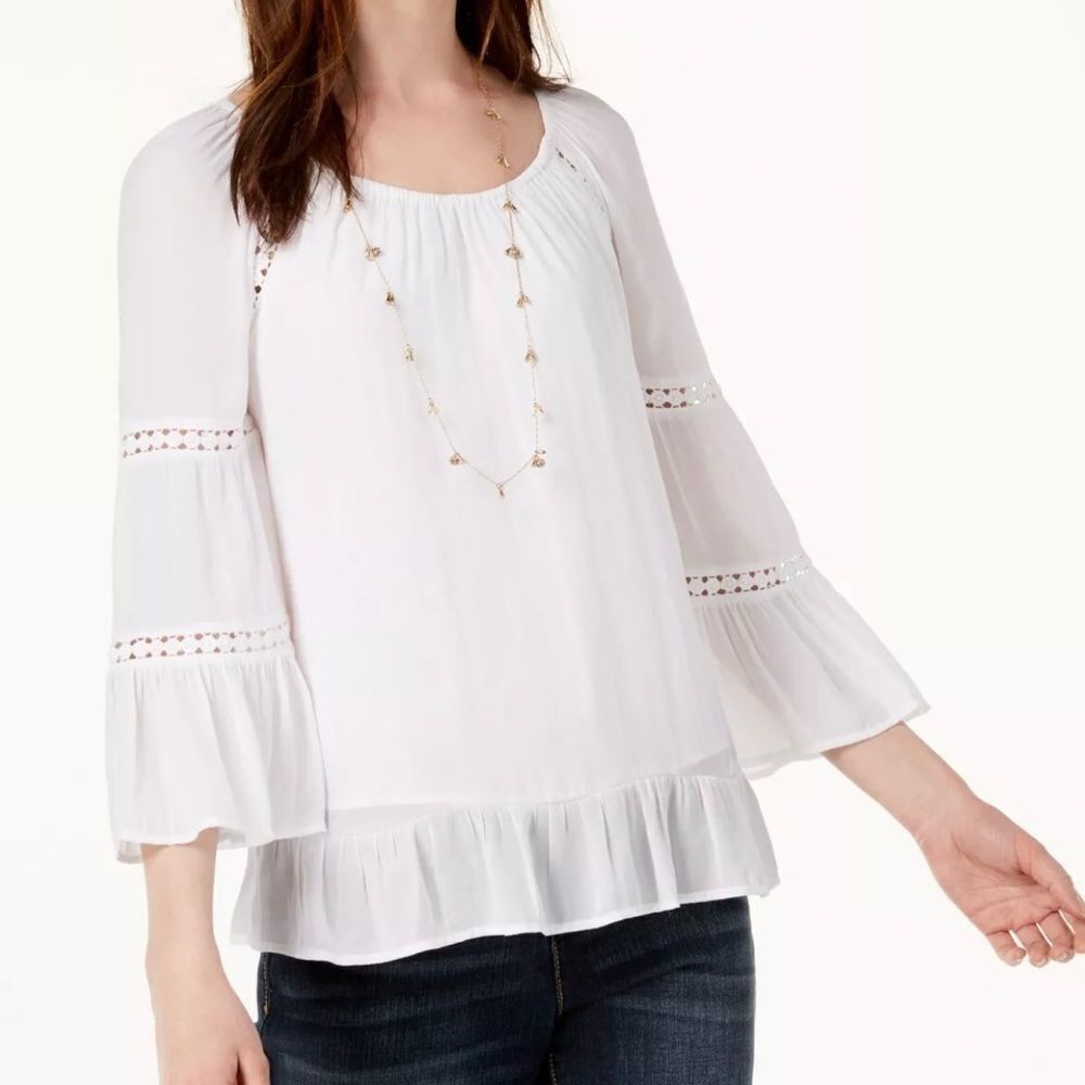 INC White Ruffle Tiered Sleeves Pullover Top SP